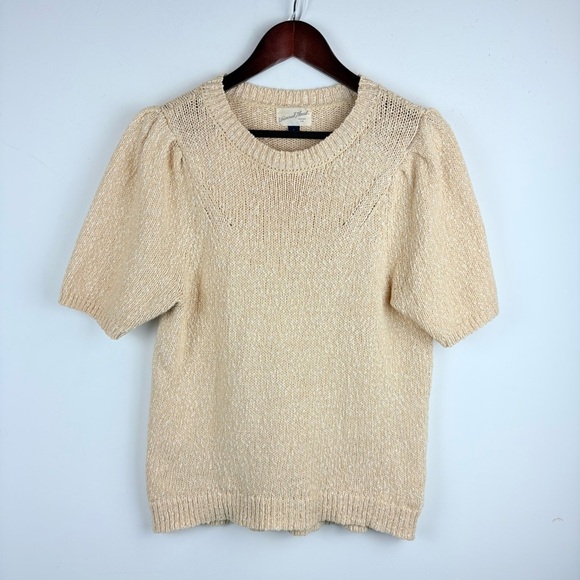 Womens Short Puff Sleeve Crewneck Pullover Sweater Yellow Boho Cottagecore Small - Picture 2 of 9